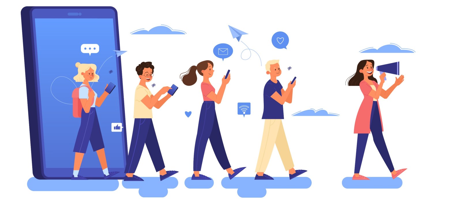 Illustration of people communicating using difference devices