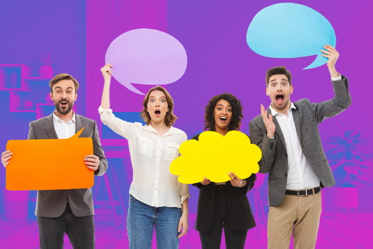 Photo graph of four people in a row holding speech and thought bubbles to show communication